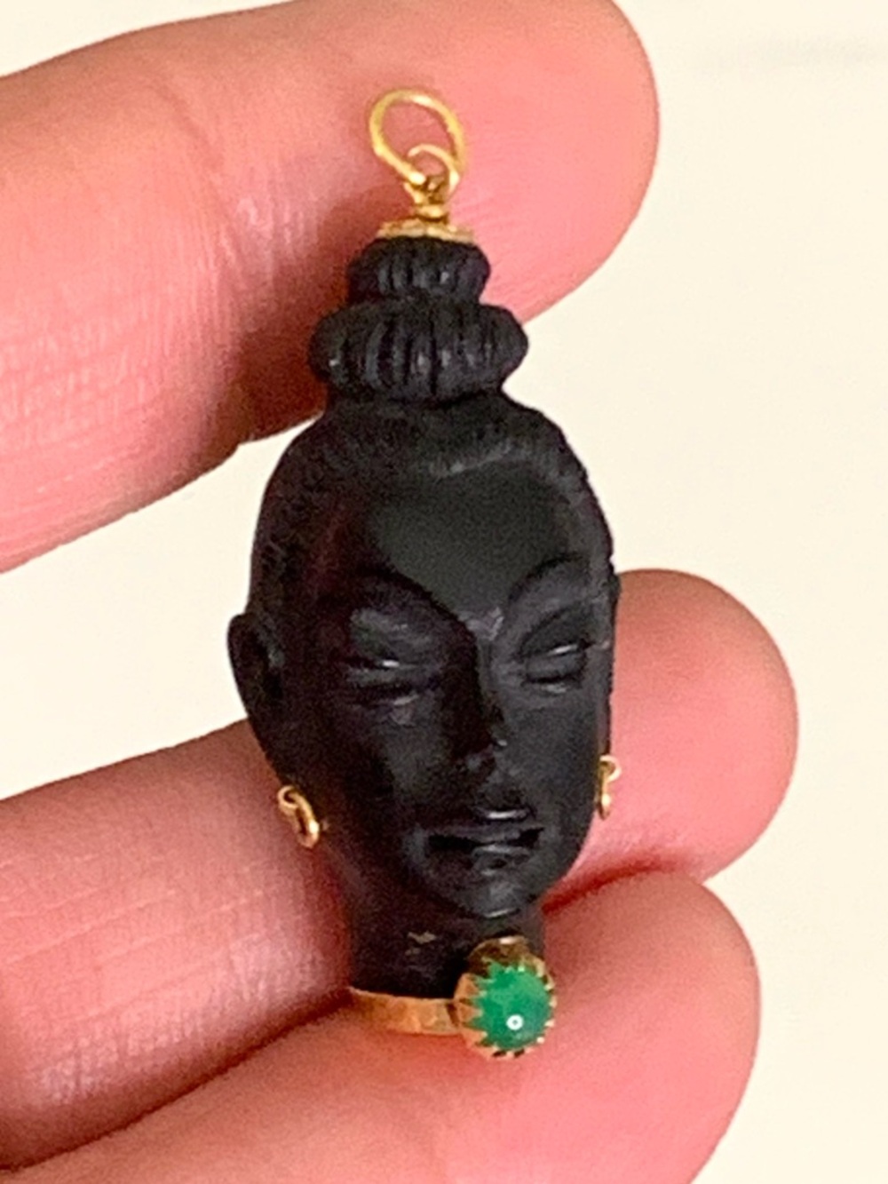 RARE - VTG 18K Gold & Hand-Carved Ebony Wood "African Queen" Pendant, Italy - 5g